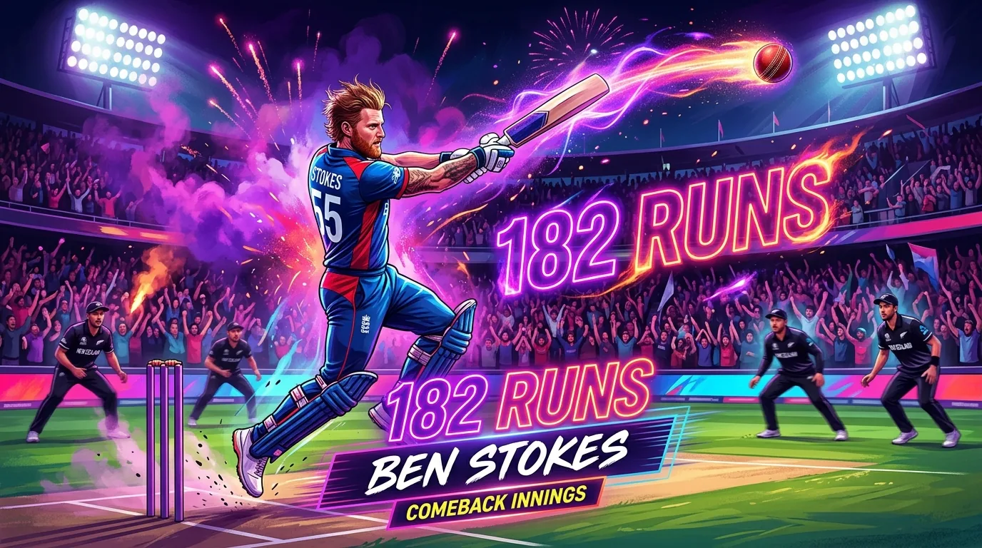 Ben stokes Smoked Newzeland with a comeback 182 runs, illustrative featured image